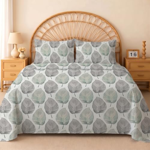 Image of IVAZA 240 TC Soft Ezyption Cotton Floral Print King Size Bedsheet - with 2 Pillow Covers, Hypoallergenic, Brethable, (Size- 90 x 90 Inch) Grey Leaf