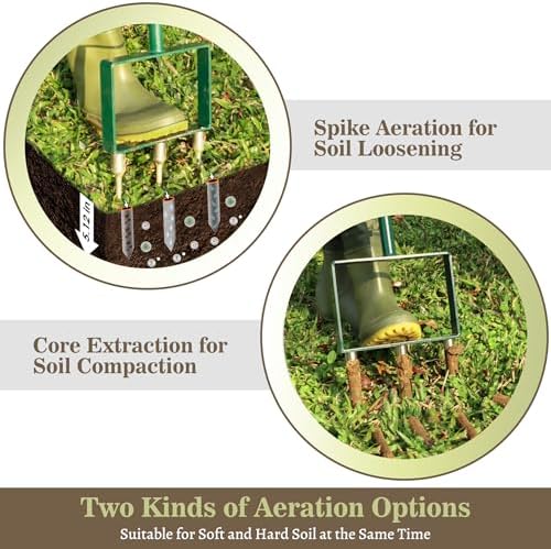 2-in-1 Manual Lawn Aerator Tool, Core Plug Aerator and Spike Aerator for Yard, 6 Replaceable Tines for Compacted Soil, Heavy Duty Garden Aeration Tool for Grass Roots Health & Lawn Care, Green - 1