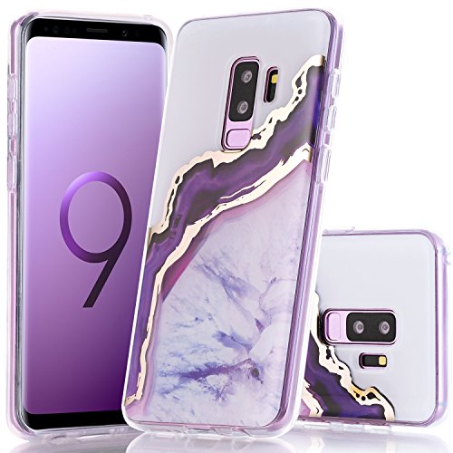 Galaxy S9 Plus Case, BAISRKE Shiny Gold Purple Agate Crystal White Background Design Shock Absorption Soft Clear TPU Edge Bumper and Rigid Hard Plastic Back Cover for Samsung Galaxy S9 Plus