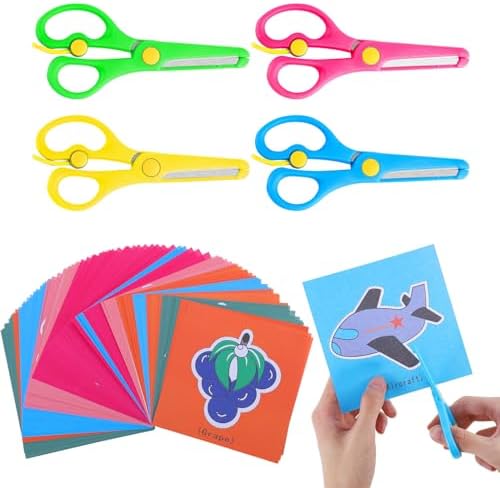 4 Pcs Kids Scissors with 93 Colorful Animal Paper-Cuts, Childrens ...