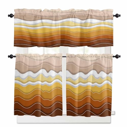 Burnt Orange Ombre Stripe Kitchen Curtains 36 Inch Length,3 Piece Rod Pocket Small Half Tiers and Valance Set,Abstract Summer Beach Coastal Small Large Window Treatment Decor for Bedroom/Bathroom