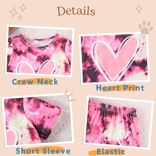 Image of Kids Girl Clothes Tie Dye Heart Print Short Sleeve Top and Shorts Toddler Girl Summer Outfits Short Set