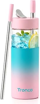 Tronco 24 oz Glass Tumbler with Lid and Straws, Leakproof Iced Coffee Cups