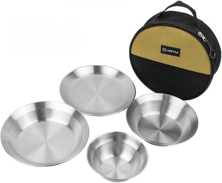 Stainless Steel Plates and Bowls Camping Set Portable Dinnerware Kits Dinnerware Kits for Family Camping Hiking Picnic BBQ Beach Outdoor with Travel Bag (8pcs)