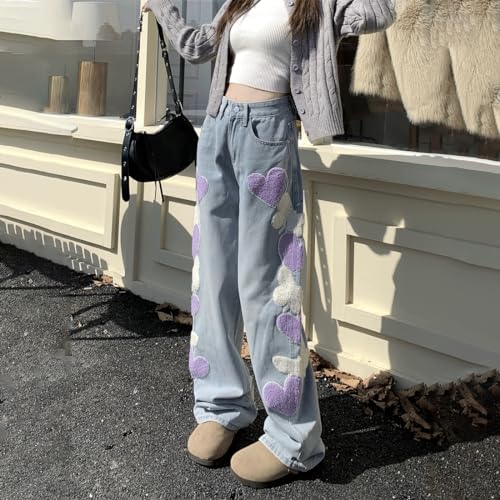 Y2K Goth Vintage Casual High Waisted Loose Straight Wide Leg Purple Heart Butterfly Embroidery Jeans for Women4