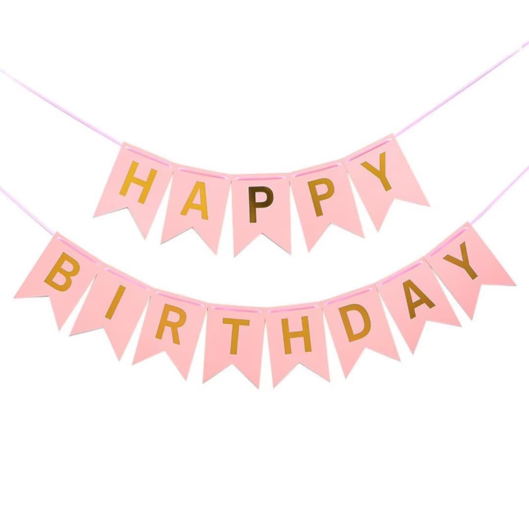 Pink Birthday Banner Kids Party Decor Supplies with Happy Birthday Banner Sign .Birthday Bunting Decorations for Girls