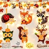 LUKIUP 12 Stück Herbst Tier Bastelsets für Erwachsene, Herbst DIY Kreativsets, Filz Bastelset mit Moosgummi Aufkleber, 3m Warmweißes LED-Licht für Thanksgiving Geburtstag Herbstdeko