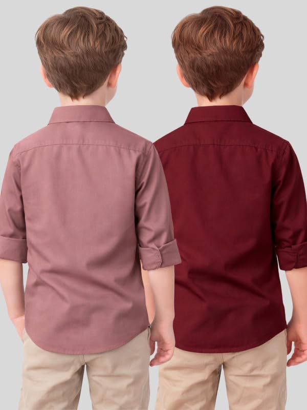 Image of YYQ Pack of 2 Boys Solid Cotton Blend Shirts - Full Sleeve Casual, Soft & Comfortable Spread Collar Shirts for Boys