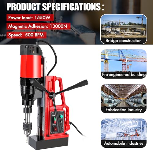 Image of Mag Drill Press, 1550W Power Magnetic Drill Presses, 2″ Boring Diameter, 500 RPM, 10 Speed for Industrial & Home Improvement