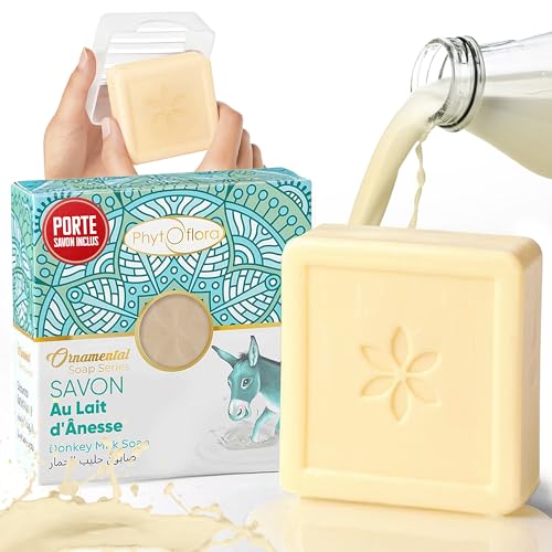 PhytoFlora savon Lait d'Ânesse avec Porte Savon|Acné Eczéma Ride Point Noir Psoriasis Adoucissant|Shampoing Solide|Savon Visage Bio|Soins Pour le...