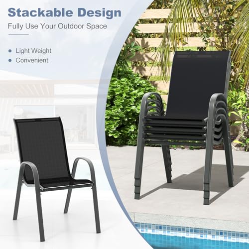 Image of Giantex Patio Chairs Set of 2, Stackable Outdoor Dining Chairs with Breathable & Quick-Dry Fabric & Armrests for All Weather, Lawn, Backyard, Poolside,Porch, Deck, 330 LBS Capacity (Black)