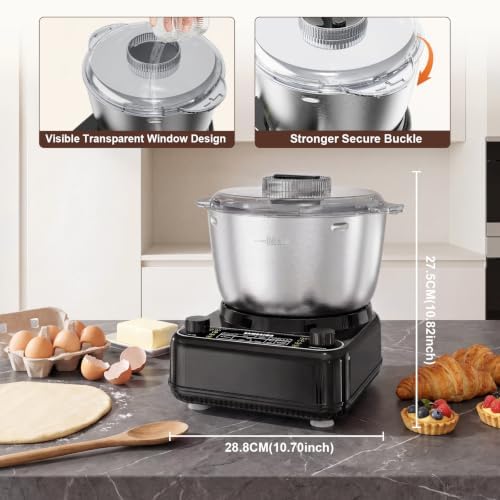 Electric Dough Mixer with Ferment Function, 6.5QT Stand Dough Maker, Dough Kneading Machine with 304 Stainless Steel Bowl, Removable Lid & Knob Control, Ideal for Pizza, Pasta, Bread - Onyx Black — view 6