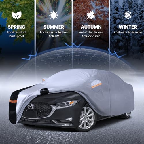 Image of Multi-Layer Car Cover Custom Fit for Mazda 3 Sedan (2003-2026), 100% Waterproof All Weather for Automobiles, Gift with Towel, Heavy Duty Car Covers for Rain Sun UV Protection with Door Zipper.