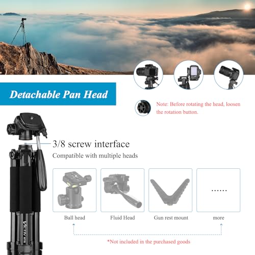 Victiv Kamera Stativ mit 52–160-185cm Höhe, leichtes Camera Tripod mit Abnehmbar 3-Wege-Kopf, Aluminium fotostativ für DSLR Canon Nikon Sony, Dreibeinstativ for Smartphone mit Handy Halterung