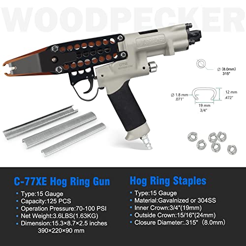 Woodpecker C-77Xe Air Hog Ring Gun With Extra Long Extended Nose, 15 Gauge, 3/4'' Crown, 8.0Mm Closure Diameter, Pneumatic Hog Ring Plier Automatic C Ring Tool For Wire Cages, Car Seat #TOP5