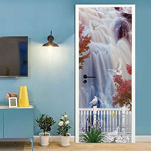 CBWRAW 3D Puerta Papel Pintado Paisaje De Cascada Para Sala De Estar Pegatina Paredes Impermeable Autoadhesivo Extraíble Vinilo Mural Póster Adhesivo De Pared Decoración Del Hogar 77x200cm