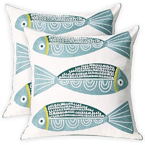 UnionKK 2 PCS Embroidered Throw Pillow Cover Cotton Decorative Square Cushion Cases for Home Sofa Bed and Chair 18 x 18 Inch (Blue Fish-2) Cover