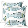 2 PCS Embroidered Throw Pillow Cover Cotton Decorative Square Cushion Cases for Home Sofa Bed and Chair 18 x 18 Inch Blue Fish 2