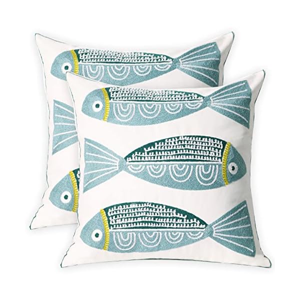 2 pcs embroidered throw pillow cover cotton decorative square cushion cases for home sofa bed and chair 18 x 18 inch blue fish 2  urban country home decor