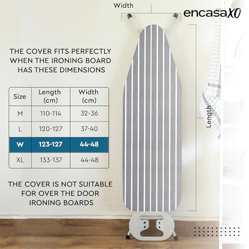 Image of Encasa XO Ironing Board Covers and Pad - 125x46 cm Fits Wide Iron Boards, Thick 4mm Felt, Elasticated Fit, Heat & Scorch-Resistant, Elastic Bungee Cord Tightening & Lock Roma Grey Stripes