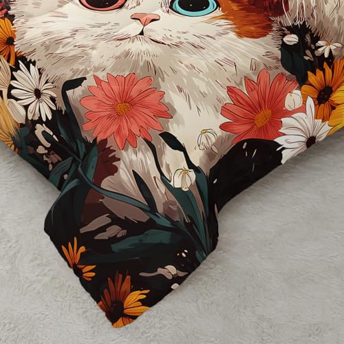 Image of AILONEN Kawaii Cat Bedding Sets for Girls,Floral Cute Kitten Comforter Set Twin Size,Pet Animal Duvet Set,3 Pieces,1 Quilt and 2 Pillowcases,Microfibre