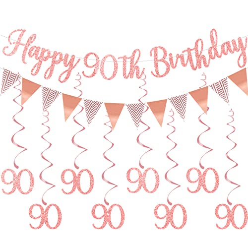 Elicola Happy 90th Birthday Banner Rose Gold Garland 90th Birthday Decorations 8PCS Hanging Swirl Number 90 Birthday Party Supplies Backdrop