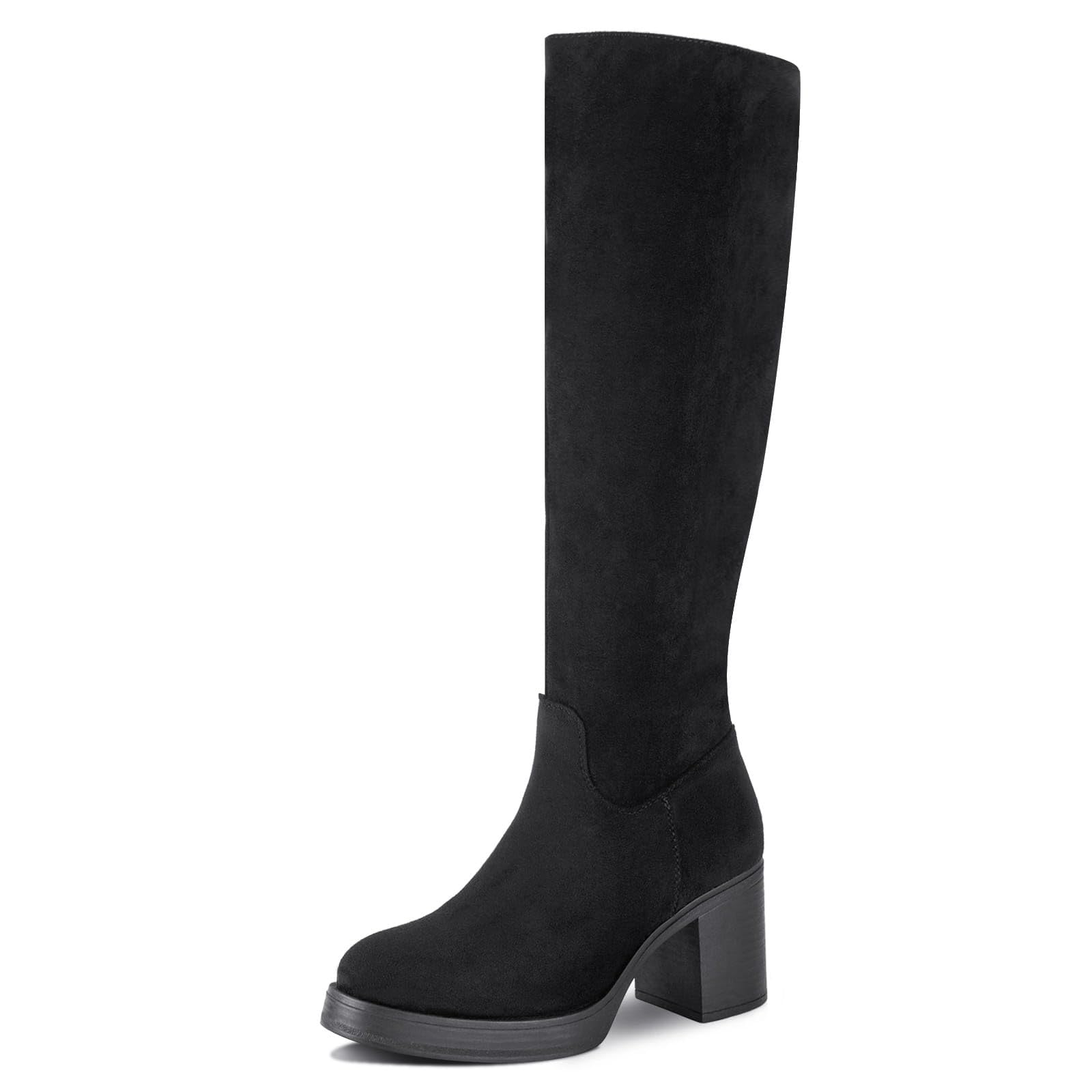 Platform Knee High Boots for Women Block Chunky Heel Round Toe Side Zipper Tall Boots