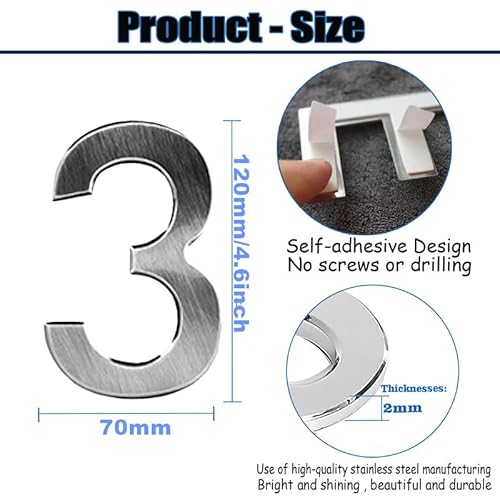 Hausnummer aus Edelstahl selbstklebend –Haustür nummer Höhe 12 cm – Hausnummern zum Kleben– Design-Hausnummernschild selbstklebend(8). (3)