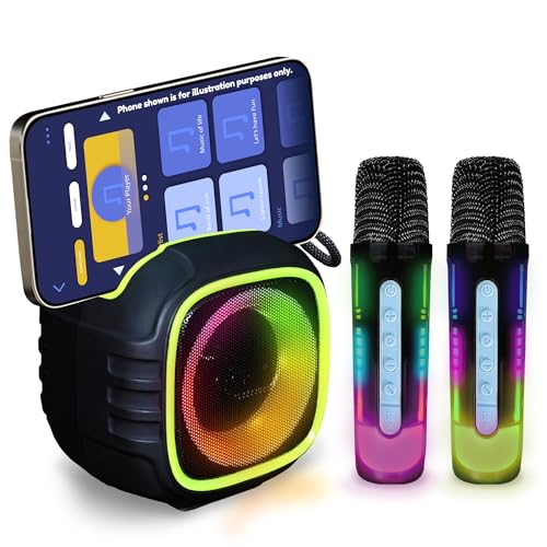 Image of Wembley Karaoke Machine with 2 Wireless Microphone for Adults & Kids | Portable Bluetooth Speaker with RGB LED Lights, HD Sound, 5 Voice Modes & 5W Output | Party Speaker with Wireless Mic