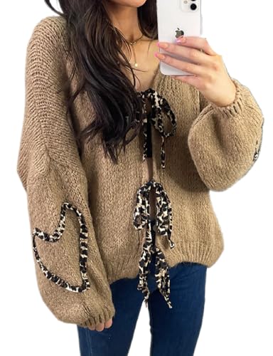 Image of Women's Tie Knot Leopard Heart Print Knit Cardigan Oversized V Neck Open Front Bandage Sweater Trendy Fall Knit Outwear