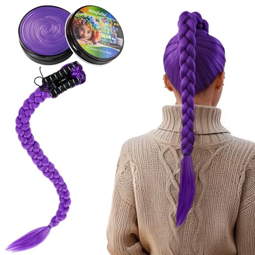 BRIMFULITE Purple Braiding Hair & 2.12 Oz. Purple Hair Wax Set Pre-stretched & Heat Resistant Hair Extensions for Braids with Temporary Hair Color Wax for Halloween Parties Daily