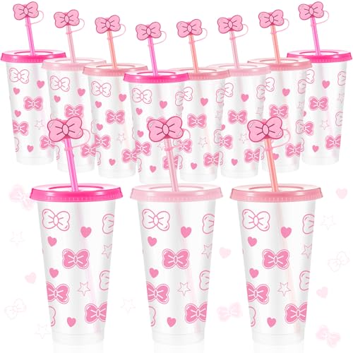 Honeydak 12 Pcs 24 oz Pink Cat Plastic Cups with Lid Straw and Straw Covers Reusable Pink Bow Tumbler Cute Cartoon Kitty Party Favors for Cat Theme Wedding Birthday Baby Shower Party Supplies