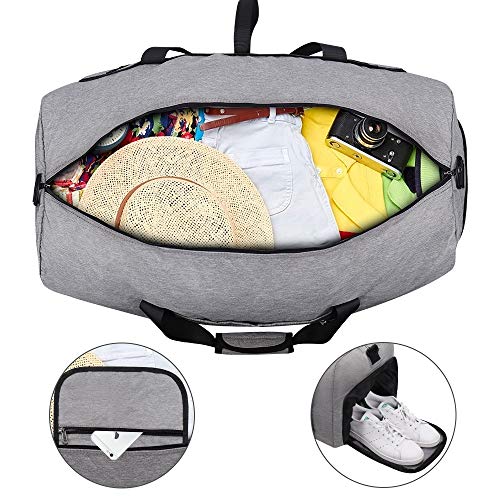 Vogshow Travel Duffel Bag, 75L Foldable Overnight Weekender Bag With Shoes Compartment for Men Women Convertible Luggage Bag Water-Resistant Large Gray