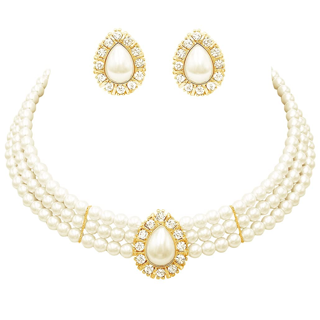 Rosemarie & Jubalee Set di 3 collane girocollo da donna, con perle finte a goccia, bracciale e orecchini a clip, da sposa, 27,9 cm + 7,6 cm di estensione