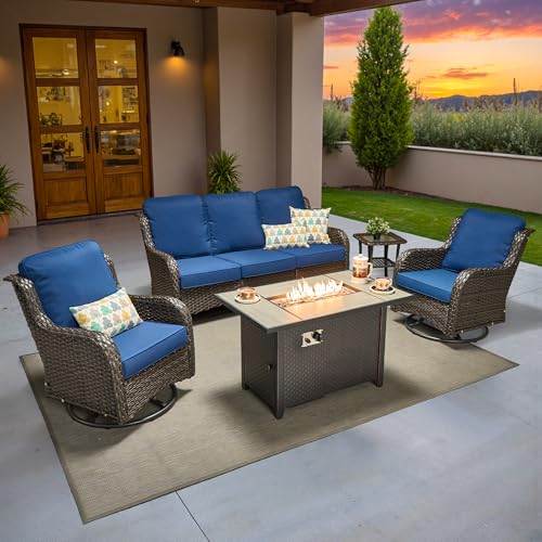 ovios 5 Pieces Patio Furniture Set, Outdoor Wicker Sofa Couch with Swivel Chairs 42" Fire Pit Table, High Back All Weather Modern Conversation Sets, Brown Rattan, Navy Blue