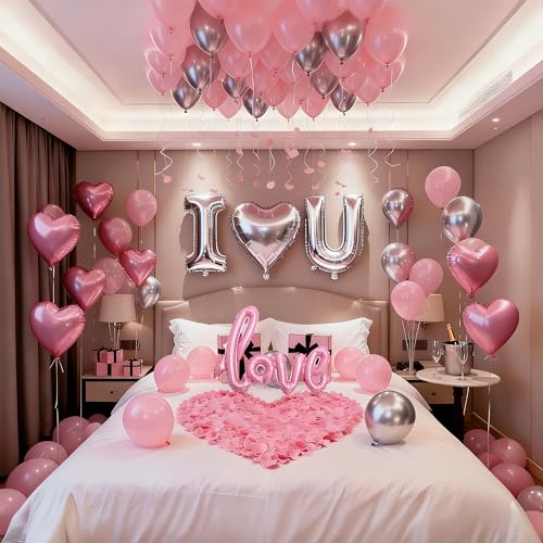32 Inch I Love You Balloons Pink Silver Balloon with Heart Shaped Love Foil Balloons and 1000 Pieces Pink Rose Petals for Anniversary Valentines Day Proposals Romantic Decoration Kit