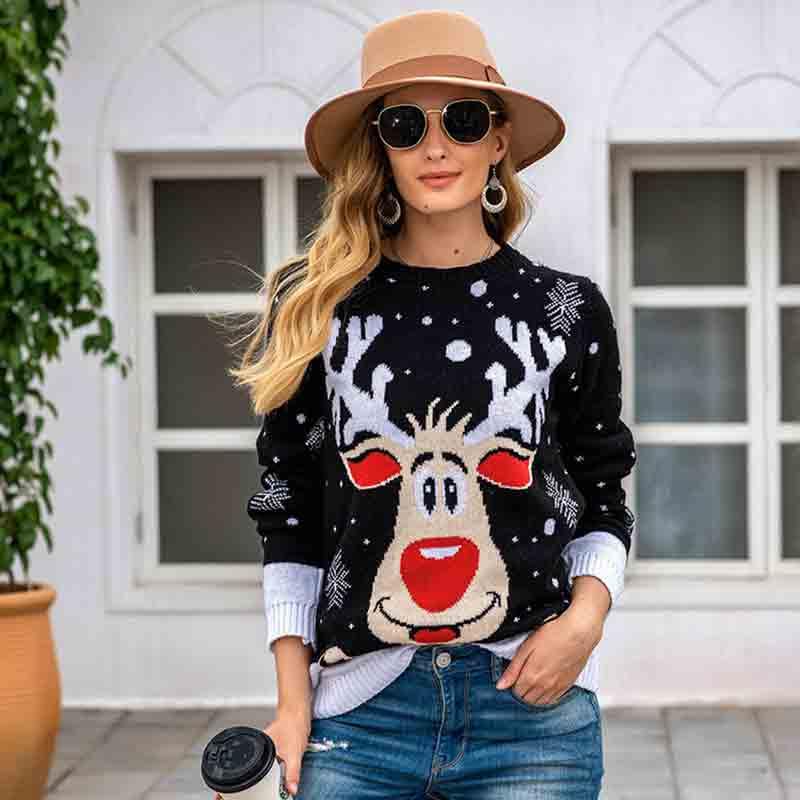Women's Reindeer Pattern Christmas Sweater Jacquard Casual Pullover Autumn and Winter Knitted Sweater3