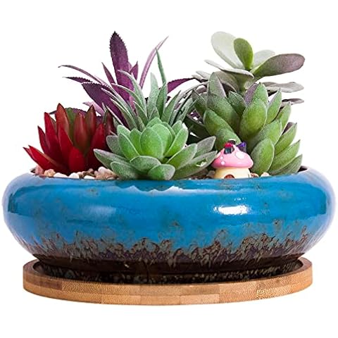 ARTKETTY Succulent Pots - 7.3 Inch Large Succulent Planters with Drainage Ceramic Bonsai Pots with Bamboo Tray, Shallow Planters for Indoor Cactus Plants Decorative Flower Plant Container Cover