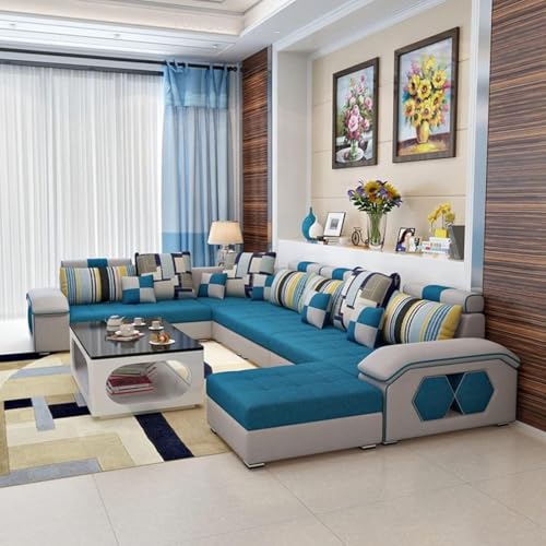 Image of Orions 12 Seater U Shape Sofa Set for Living Room (Aqua Blue & Light Grey) | Premium Fabric Sectional U Shaped Sofa with Ottomans & 4 Puffy