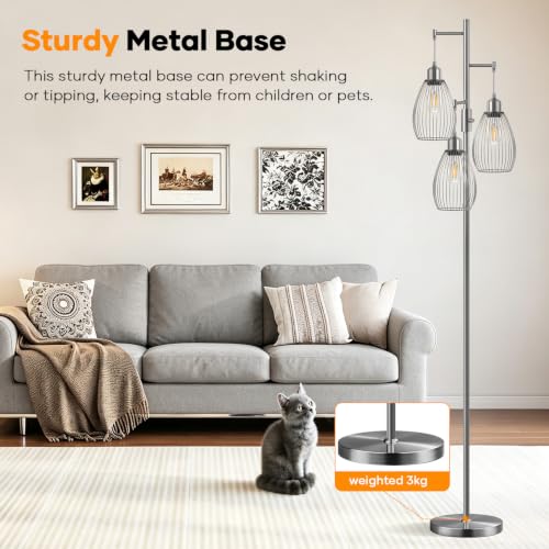 Image of Nintiue Dimmable Floor Lamp, 3 x 800LM LED Edison Bulbs Included, Industrial Floor Lamp Standing Tree Lamp with Elegant Teardrop Cage Heads Tall Lamps for Living Room Bedroom-Brushed Nickel