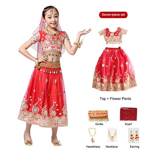 ZXSZX Indiano Danza Vestiti Costume Ballo per Ragazze Bollywood Set Bambini Danza del Ventre Sari Indiani per Bambini Abito in Chiffon Copricapo Gonna Gonna Fascia di Halloween,7-Red-S