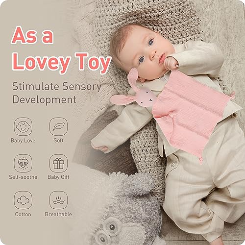 Image of Premium Soft Muslin Cotton Bunny & Lion Loveys Soft Breathable Newborn Security Blanket, Perfect Present for Baby Newborns, Toddlers Boy Girl, Neutral Fabric for Comfortable Sleep & Play