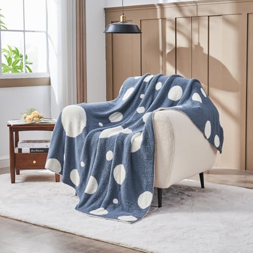 Image of CozeCube Reversible Knitted Throw Blanket,Dusty Blue White Polka Dot60 x80