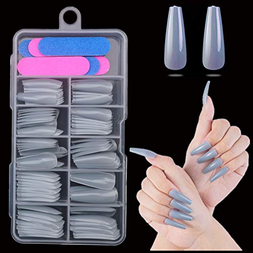 editTime 100pcs Super Long Glossy Fake Nails Coffin Press on Nails Ballerina Solid Color Acrylic False Nails Art Salon Ongles Fingers Nails (grey)