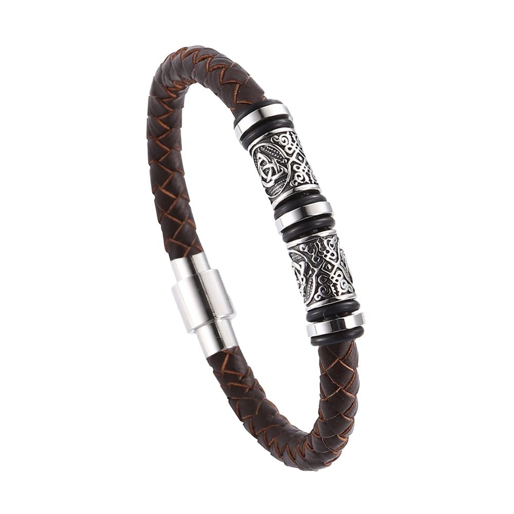 DFWY Mens Viking Beads Leather Bracelet - Nordic Stainless Steel Celtic Knot Beads Braided Rope Wristband - Handmade Vintage Pagan Bangle Irish Jewelry(Brown,21CM)