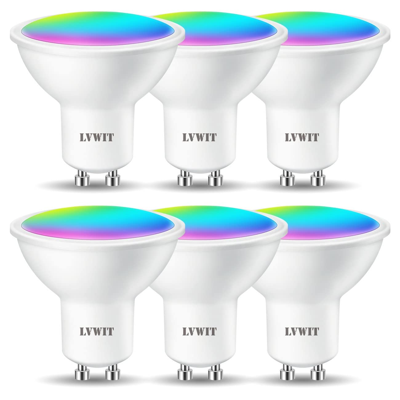 LVWIT LVWIT 4.9W Smart GU10 LED Lampen RGB, Warmweiß und Kaltweiß, Dimmbar LED Leuchtmittel, Wlan LED Birnen ersetzt 35W, Kein Gateway erforderlich, Kompatibel mit Alexa Echo, Google Home, 6 Pack