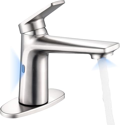 Grifo de baño con sensor de movimiento automático sin contacto con 1 mango, 2 modos, manos libres, control de temperatura, 1 o 3 agujeros, acabado