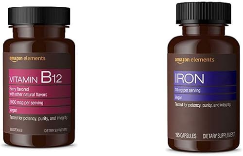 Amazon Elements Vitamina B12 Metilcobalamina 5000 mcg, 65 pastillas con sabor a bayas, suministro para 2 meses y hierro 18 mg, vegano, 195 cápsulas,