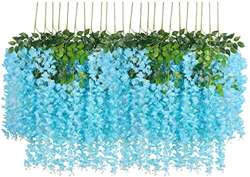 Image of Artificial Hanging Wisteria Flower Vine, Sky Blue - Pack of 6