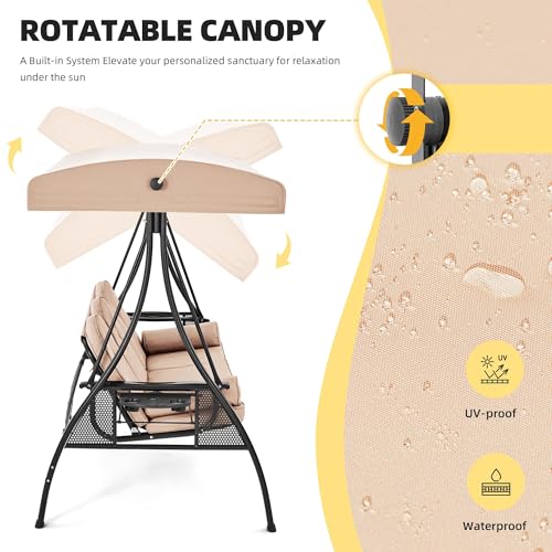 Image of HOMREST 3 Person Outdoor Porch Swing with 1.5 inch Upgraded Cup Holder, Adjustable Canopy, Backrest, Patio Swing Bed with Weather Resistant Steel Frame, Cushions for Garden,Deck and Poolside(Khaki)